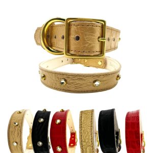 Croc Leather Dog Collar - With Crystal, Gold, M