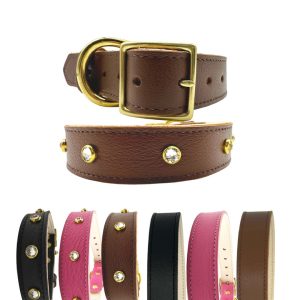 Plain Leather Dog Collar - With Crystal, M, Brown