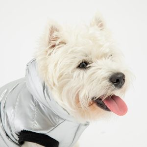 Emma Dog Jacket – Shiny Silver Water-Resistant Winter Coat with Sherpa Lining - XS